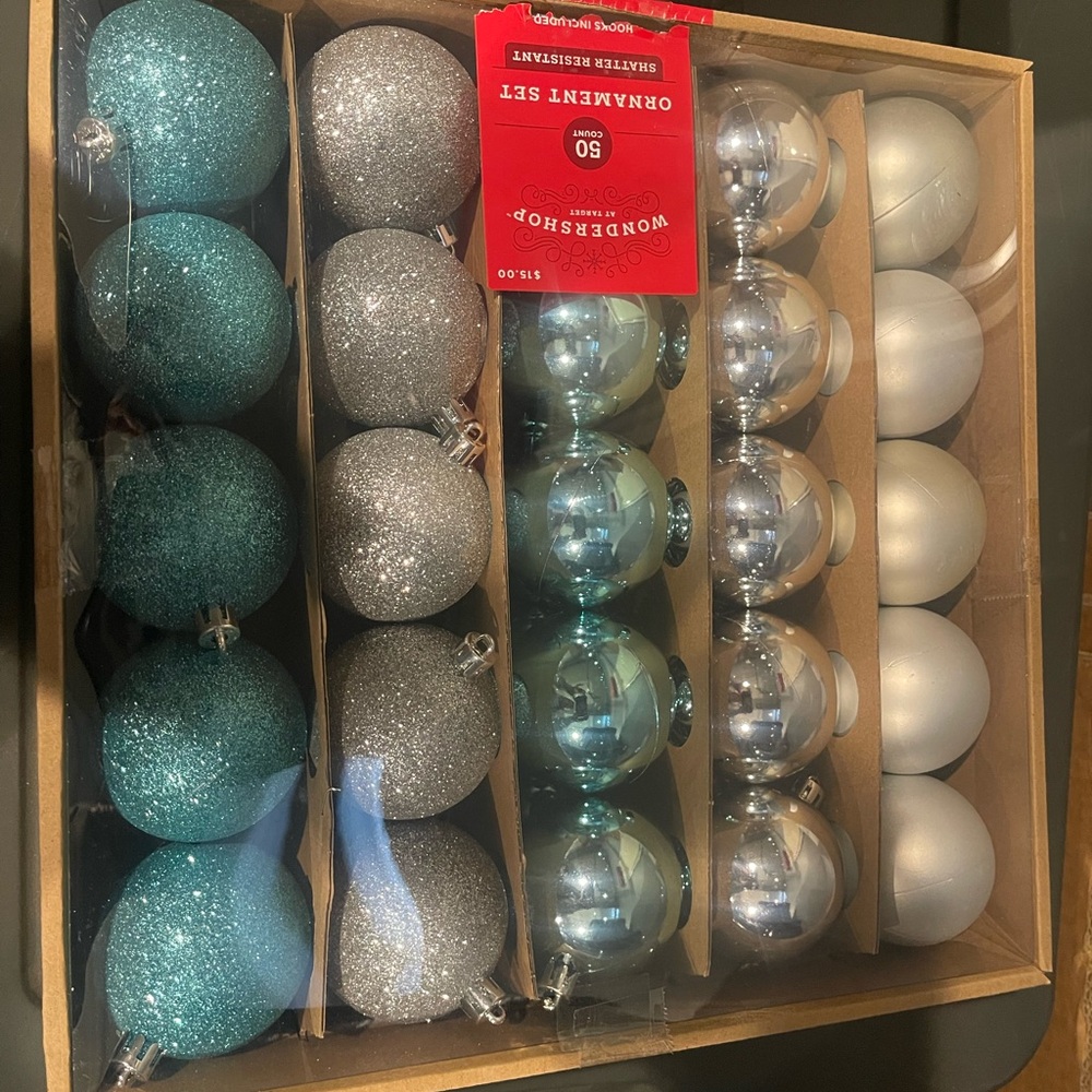 Wondershop Glittering Silver and Teal Ornament Collection